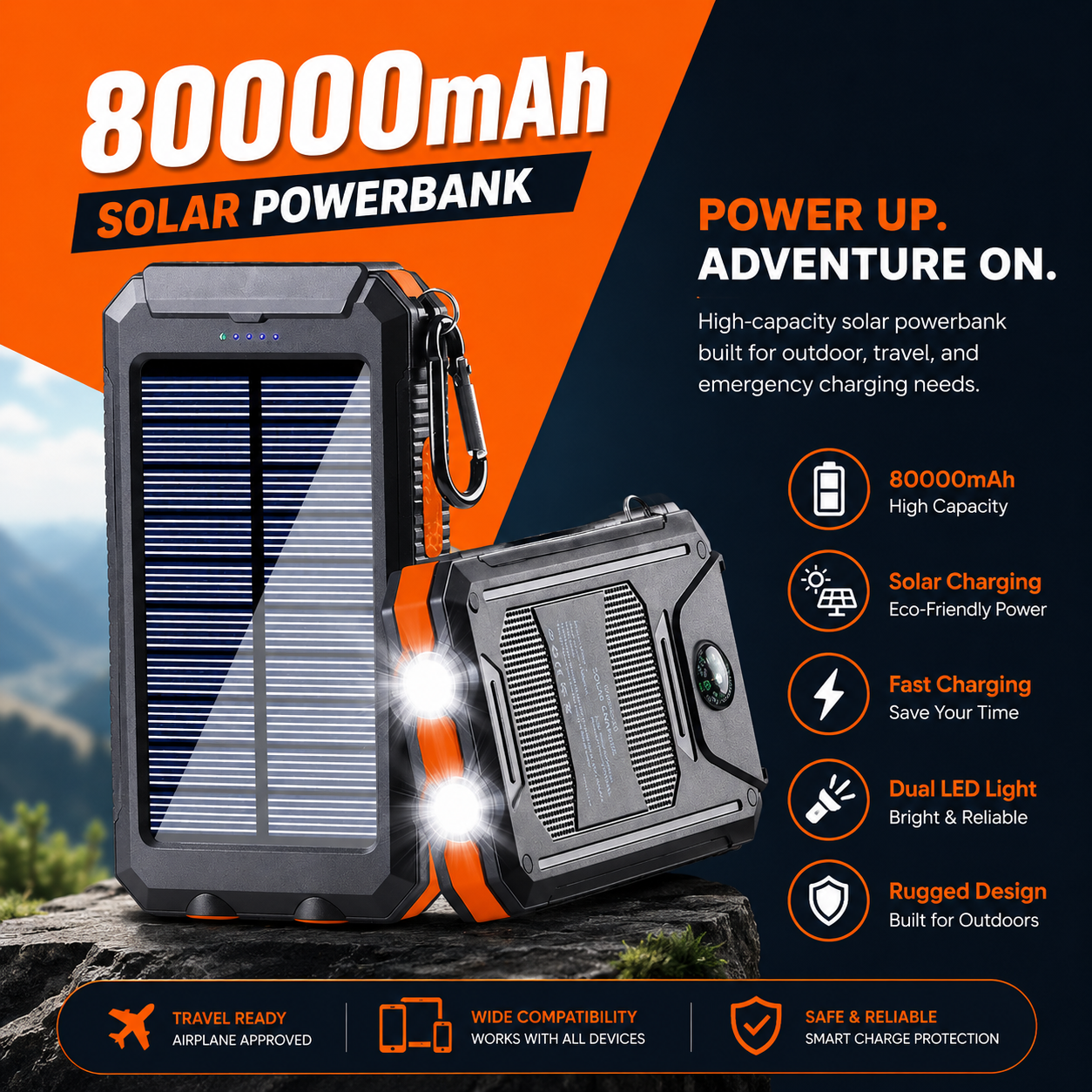 Die Venturio 80000mAh Solar Power Bank – Outdoor Ladegerät mit Kompass & LED — image 1