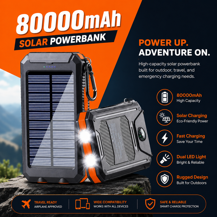 Die Venturio 80000mAh Solar Power Bank – Outdoor Ladegerät mit Kompass & LED
